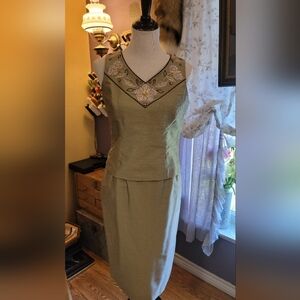 Kasper Olive Embroidered Skirt Set